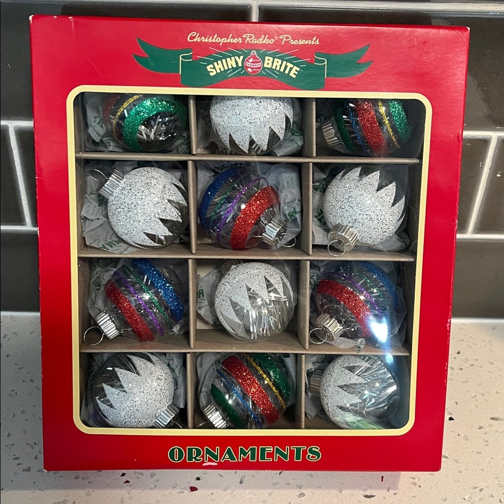 Christopher Radko Shiny Brite Tinsel Glitter Glass Ornaments- 12 NEW IN BOX!